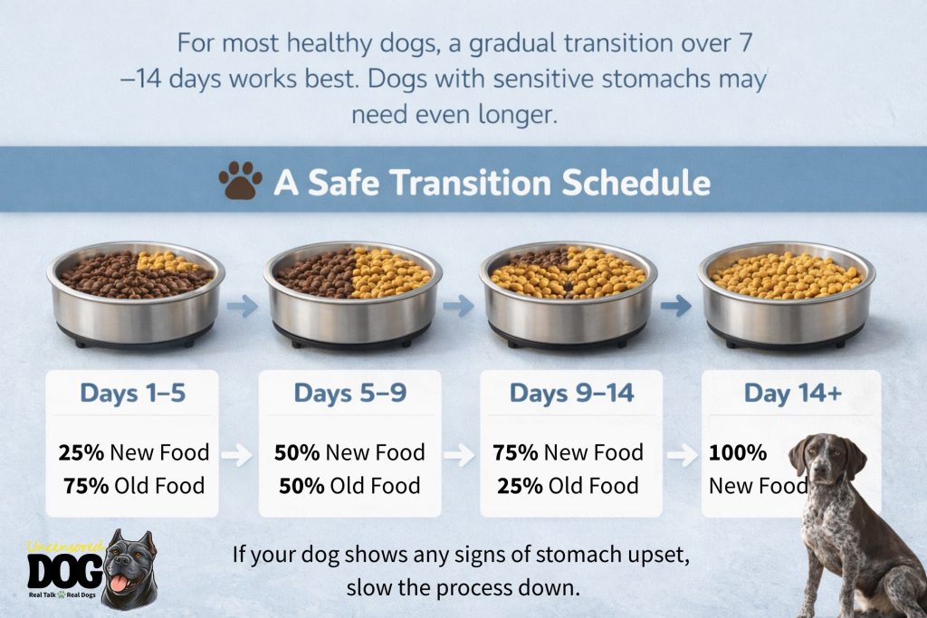 For most healthy dogs, a gradual food transition over 7–14 days works best.