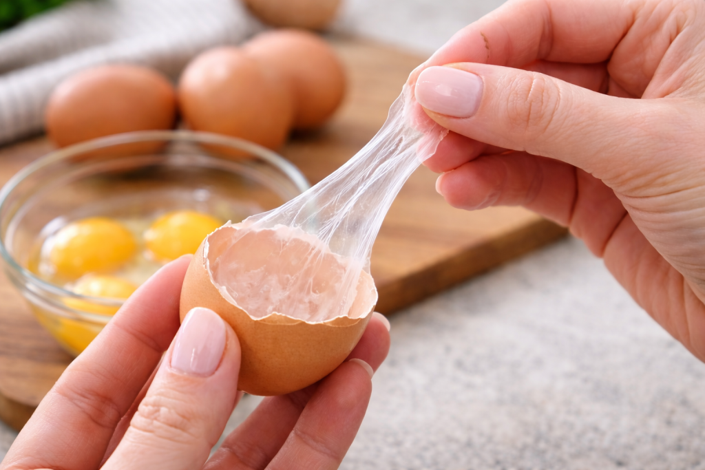 Removing membrane from eggshell close-up